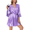image:imageEkouaer Womens Satin Robe Short Ruffle Hem Silky Kimono Brides BathrobesLavender