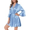 image:imageEkouaer Womens Satin Robe Short Ruffle Hem Silky Kimono Brides BathrobesLight Blue