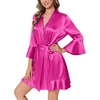 image:imageEkouaer Womens Satin Robe Short Ruffle Hem Silky Kimono Brides BathrobesRose Red