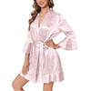image:imageEkouaer Womens Satin Robe Short Ruffle Hem Silky Kimono Brides BathrobesWhite  Pink Leopard