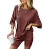 image:imageEkouaer Women 2 Piece Lounge Sets Ribbed Knit Oversized Shirt Biker ShortsCaramel