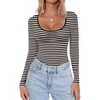 image:imageEkouaer Women Long Sleeve Shirt Scoop Neck Tops Fitted Thermal UndershirtsBlack Grey Stripe