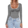 image:imageEkouaer Women Long Sleeve Shirt Scoop Neck Tops Fitted Thermal UndershirtsBlack White Stripe