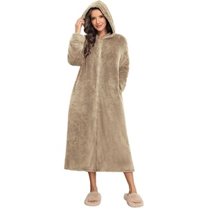 image:imageEkouaer Fleece Robes for Women Zipper Long Bathrobe Plush Hooded HousecoatC Khaki
