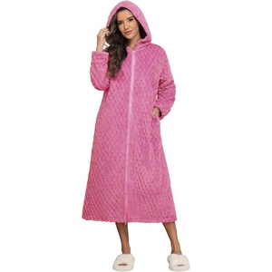 image:imageEkouaer Fleece Robes for Women Zipper Long Bathrobe Plush Hooded HousecoatP Rose Red Jacquard