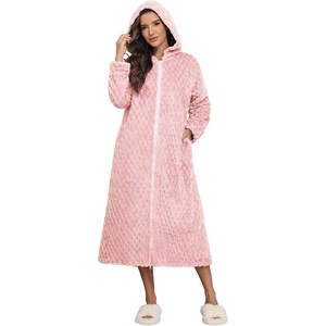 image:imageEkouaer Fleece Robes for Women Zipper Long Bathrobe Plush Hooded HousecoatPink Jacquard