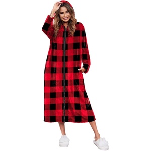 image:imageEkouaer Fleece Robes for Women Zipper Long Bathrobe Plush Hooded HousecoatRed and Black Pliad