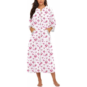 image:imageEkouaer Robes for Women Velour Zipper Robe 34 Sleeve Housecoat with PocketBig Pink Flower