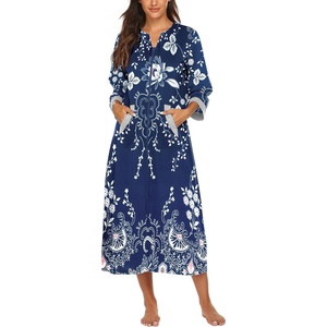 image:imageEkouaer Robes for Women Zipper Robe 34 Sleeves Housecoat with PocketsStyle 1evening Blue Vines