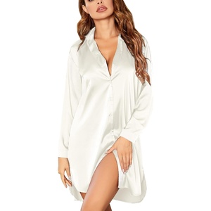 image:imageEkouaer Satin Nightgown for Women Button Down Silk Sleepshirts Sexy V Neck Night Gown Long Sleeve Night Shirts S3XLBeige