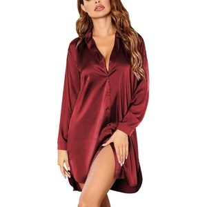 image:imageEkouaer Satin Nightgown for Women Button Down Silk Sleepshirts Sexy V Neck Night Gown Long Sleeve Night Shirts S3XLBurgundy