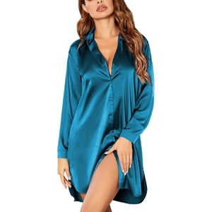 image:imageEkouaer Satin Nightgown for Women Button Down Silk Sleepshirts Sexy V Neck Night Gown Long Sleeve Night Shirts S3XLPeacock Blue