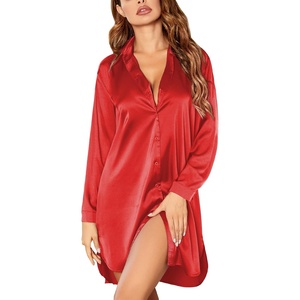 image:imageEkouaer Satin Nightgown for Women Button Down Silk Sleepshirts Sexy V Neck Night Gown Long Sleeve Night Shirts S3XLRed
