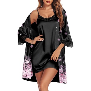 image:imageEkouaer Sleepwear Womens Satin Nightgown with Robes Set 2 PieceBlack Pink Sakura