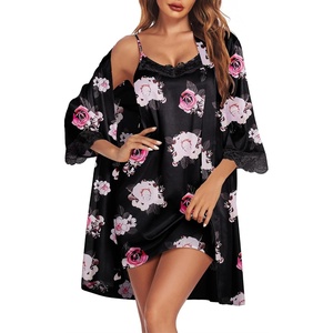 image:imageEkouaer Sleepwear Womens Satin Nightgown with Robes Set 2 PieceFloral White Black
