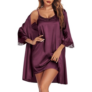 image:imageEkouaer Sleepwear Womens Satin Nightgown with Robes Set 2 PiecePlum Red