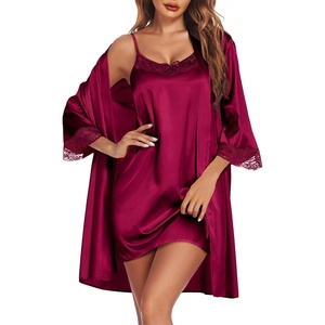 image:imageEkouaer Sleepwear Womens Satin Nightgown with Robes Set 2 PieceWine Red