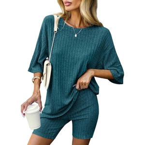 image:imageEkouaer Women 2 Piece Lounge Sets Ribbed Knit Oversized Shirt Biker ShortsBlue and Green