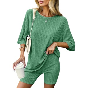 image:imageEkouaer Women 2 Piece Lounge Sets Ribbed Knit Oversized Shirt Biker ShortsGreen