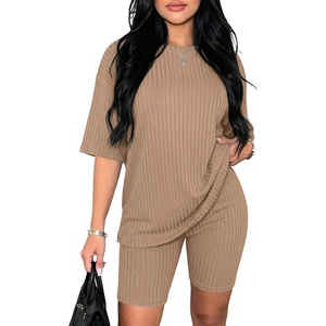 image:imageEkouaer Women 2 Piece Lounge Sets Ribbed Knit Oversized Shirt Biker ShortsKhaki