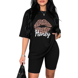 image:imageEkouaer Women 2 Piece Lounge Sets Ribbed Knit Oversized Shirt Biker ShortsLeopard Lips