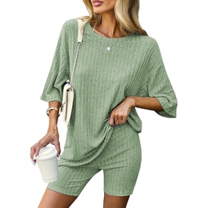 image:imageEkouaer Women 2 Piece Lounge Sets Ribbed Knit Oversized Shirt Biker ShortsLight Green