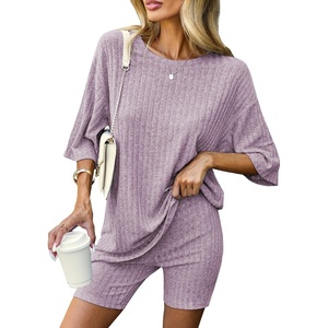 image:imageEkouaer Women 2 Piece Lounge Sets Ribbed Knit Oversized Shirt Biker ShortsLight Pink
