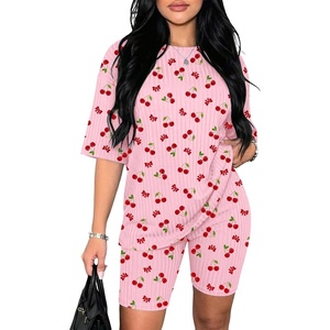 image:imageEkouaer Women 2 Piece Lounge Sets Ribbed Knit Oversized Shirt Biker ShortsPink Cherry