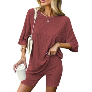 image:imageEkouaer Women 2 Piece Lounge Sets Ribbed Knit Oversized Shirt Biker ShortsRed
