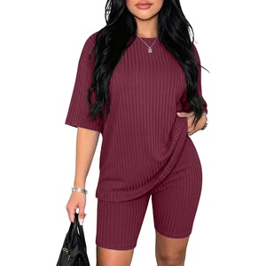 image:imageEkouaer Women 2 Piece Lounge Sets Ribbed Knit Oversized Shirt Biker ShortsWine Red