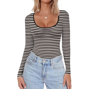 image:imageEkouaer Women Long Sleeve Shirt Scoop Neck Tops Fitted Thermal UndershirtsBlack Grey Stripe