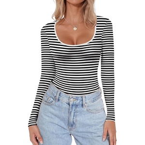 image:imageEkouaer Women Long Sleeve Shirt Scoop Neck Tops Fitted Thermal UndershirtsBlack White Stripe
