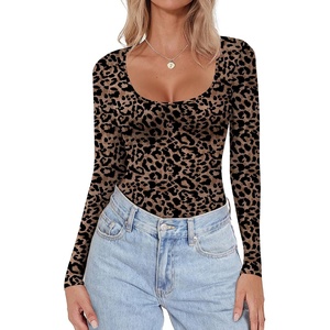 image:imageEkouaer Women Long Sleeve Shirt Scoop Neck Tops Fitted Thermal UndershirtsBrown Leopard