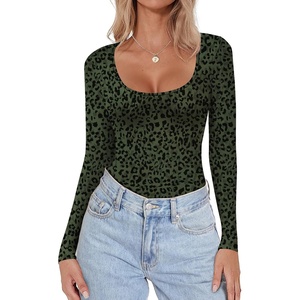 image:imageEkouaer Women Long Sleeve Shirt Scoop Neck Tops Fitted Thermal UndershirtsDark Green Leopard