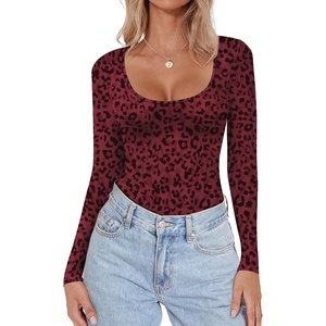 image:imageEkouaer Women Long Sleeve Shirt Scoop Neck Tops Fitted Thermal UndershirtsWine Red Leopard