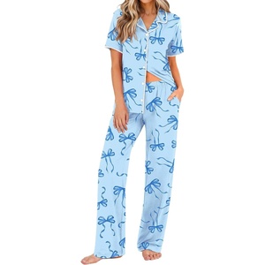 image:imageEkouaer Womens Pajamas Set Button Down Loungewear Short Sleeve Pants PjsBlue Bow