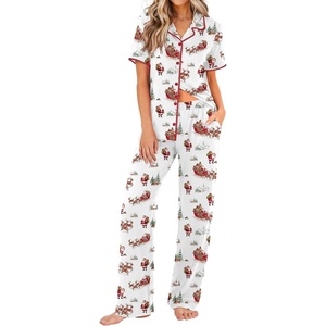 image:imageEkouaer Womens Pajamas Set Button Down Loungewear Short Sleeve Pants PjsChristmas White Santa Sleigh