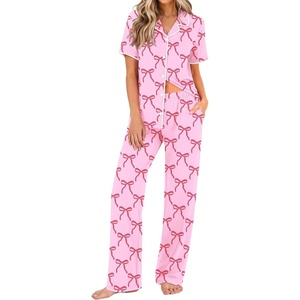image:imageEkouaer Womens Pajamas Set Button Down Loungewear Short Sleeve Pants PjsPink Bow Knot