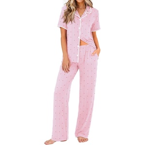 image:imageEkouaer Womens Pajamas Set Button Down Loungewear Short Sleeve Pants PjsPink Stripe Heart