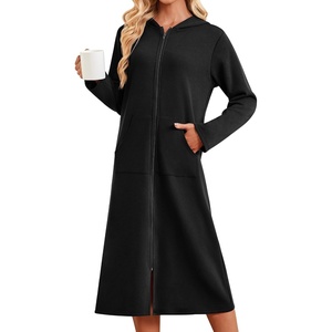 image:imageEkouaer Zipper Robe for Women Long Bath Robe Soft Housecoat Hooded BathrobeBlack