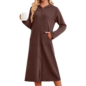 image:imageEkouaer Zipper Robe for Women Long Bath Robe Soft Housecoat Hooded BathrobeBrown