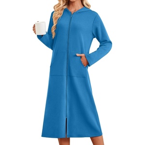 image:imageEkouaer Zipper Robe for Women Long Bath Robe Soft Housecoat Hooded BathrobeDark Blue