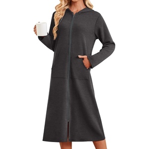 image:imageEkouaer Zipper Robe for Women Long Bath Robe Soft Housecoat Hooded BathrobeDark Gray