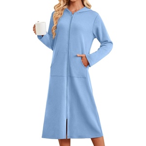 image:imageEkouaer Zipper Robe for Women Long Bath Robe Soft Housecoat Hooded BathrobeLight Blue