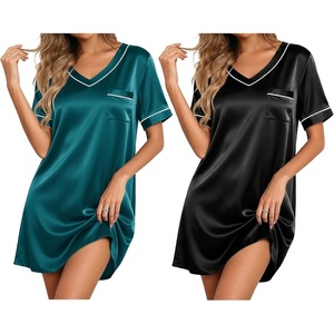 image:imageEkouaer 2 Pack Nightgowns for Women Satin Short Sleeve V Neck House DressBlack Teal