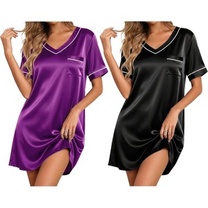 image:imageEkouaer 2 Pack Nightgowns for Women Satin Short Sleeve V Neck House DressBright Purple Black