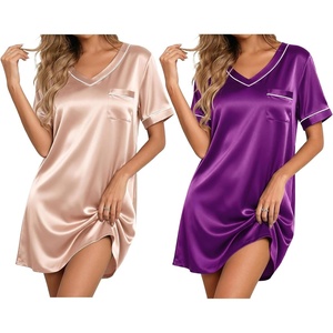image:imageEkouaer 2 Pack Nightgowns for Women Satin Short Sleeve V Neck House DressChampagne Bright Purple