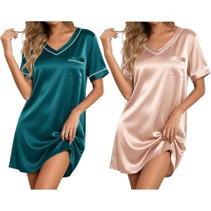 image:imageEkouaer 2 Pack Nightgowns for Women Satin Short Sleeve V Neck House DressChampagne Teal