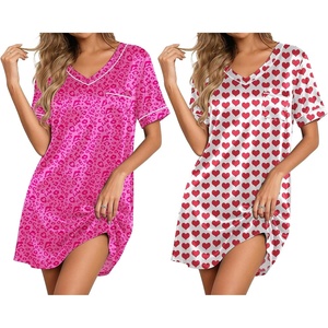 image:imageEkouaer 2 Pack Nightgowns for Women Satin Short Sleeve V Neck House DressLeopard Print Hot Pink Red Heart