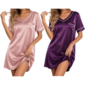 image:imageEkouaer 2 Pack Nightgowns for Women Satin Short Sleeve V Neck House DressLotusroot Pink Deep Purple